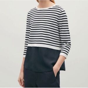 COS Blue White Striped Silk Bottom Button Back Blouse Size Medium